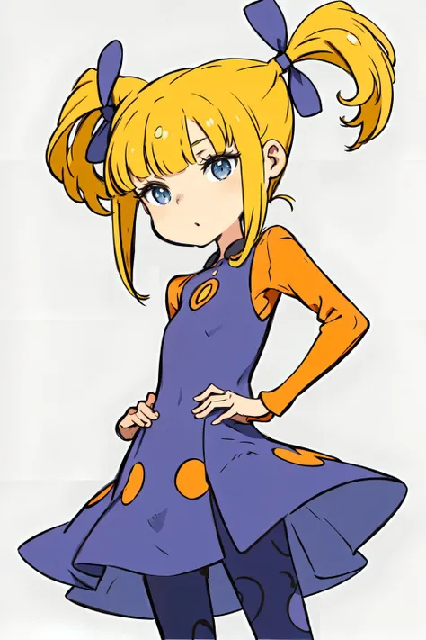 <lora:AngOne512v1:0.6> AngOne, blonde hair, pigtails, purple dress, orange sleeves, cowboy shot, polka dot pantyhose, polka dot legwear, <lora:kuroboshi_kouhaku_style_v01:1>, ultra detailed, masterpiece, best quality, aesthetic, detailed,