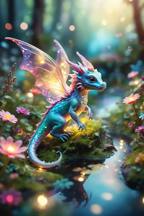 a close up of a dragon statue in a forest with flowers