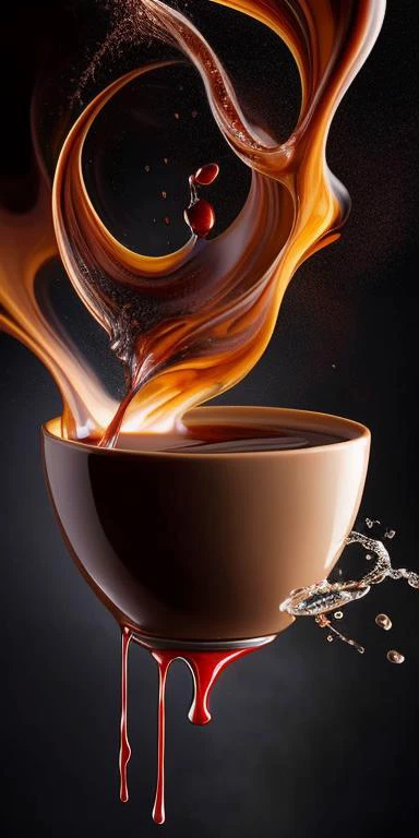 (liquid splash fluid art:1.2) gravity-defying coffee pour: a cup of dark, robust coffee suspended in mid-air, the rich, steaming...