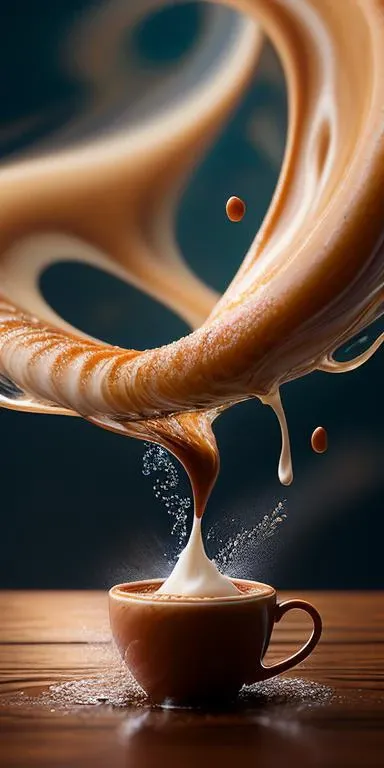(Liquid Splash Fluid Art:1.2) Gravity-Defying Coffee Pour: A cup of dark, robust coffee suspended in mid-air, the rich, steaming liquid spiraling upwards in a mesmerizing anti-gravity display. The stream of coffee swirls and dances, an enticing aroma wafti...