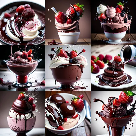 a close up of a collage of pictures of desserts with chocolate and strawberries