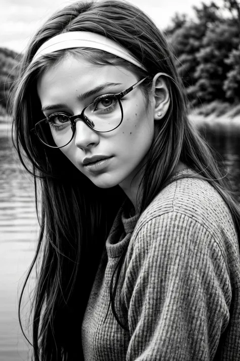 LoretoP, PA7_Photo-BW, Underwater photography, Stunning, early twenty, woman, Long hair, Straight hair, Blonde hair, Hairband, Gray blue eyes, Glasses, Lower Lip Mole lips, Peach lips, Natural makeup, Pensive, Medium breasts, Slim body, Blouse styles, Swea...