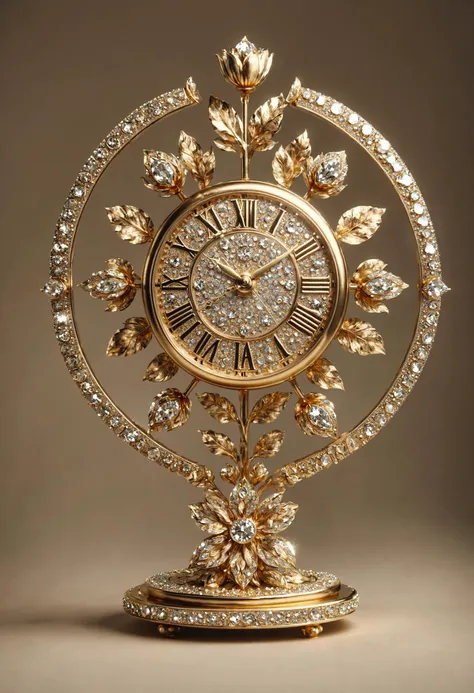 A stunning clock sculpture made entirely out of gold and diamonds. The clock face is a large circular disc with Roman numerals etched into it. The hands are long and slender, also made of gold and encrusted with diamonds. The clock sits atop a pedestal tha...