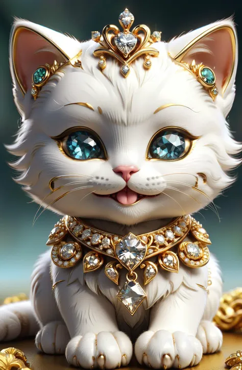 a close up of a white cat with blue eyes and a gold collar