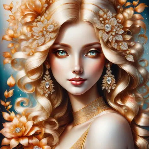 looking over shoulder,white curls,a hyper detailed close up portrait of a beautiful seductive smiling ral-bling woman,flowers in the backround,complex composition,illustration,drawing,art,cinematic,16K,detailing,trending on artstation,watercolor,sharp focu...