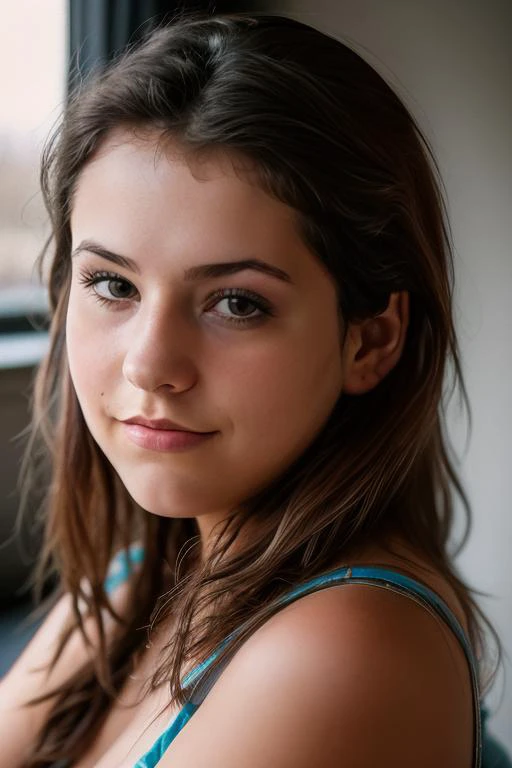 a close up of a young woman with long hair looking at the camera