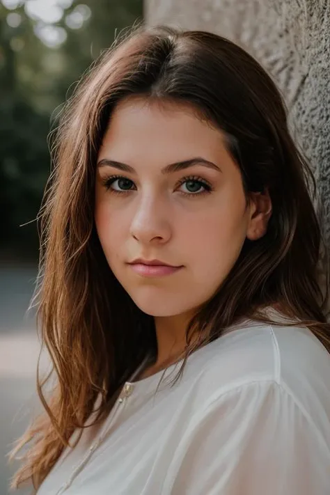 a woman with long hair leaning against a wall with a white shirt