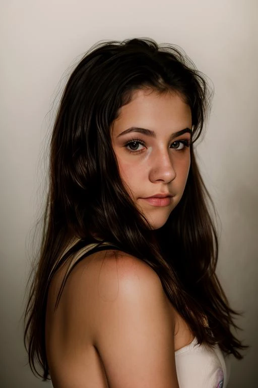 a close up of a woman with long hair and a white shirt