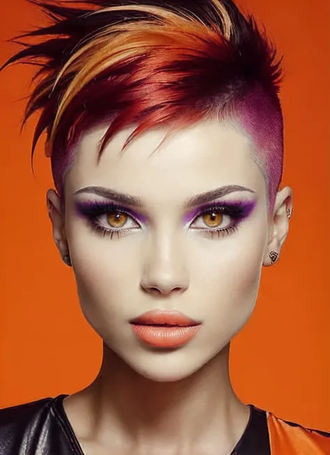 portrait of sks woman by Flora Borsi, style by Flora Borsi, bold, bright colours, orange Mohawk haircut, ((Flora Borsi)), <lora:locon_natsu_v1_from_v1_64_32:1.25>