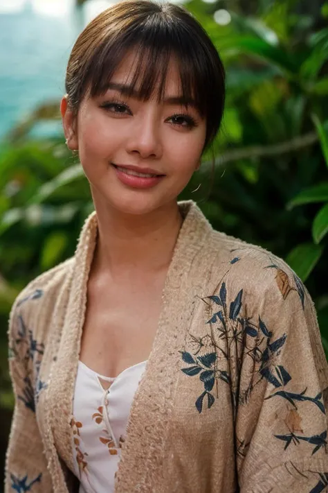 solo, realistic, (1girl), (asian) (woman), white skin, milky skin, (((Black Shag Haircut Hairstyle))), (((Bored, A slack jaw, drooping eyelids, and a slightly uninterested gaze.))), ((((Printed_kimono_cardigan:1.4),(Wide-leg_jumpsuit:1.3),(Platform_espadri...