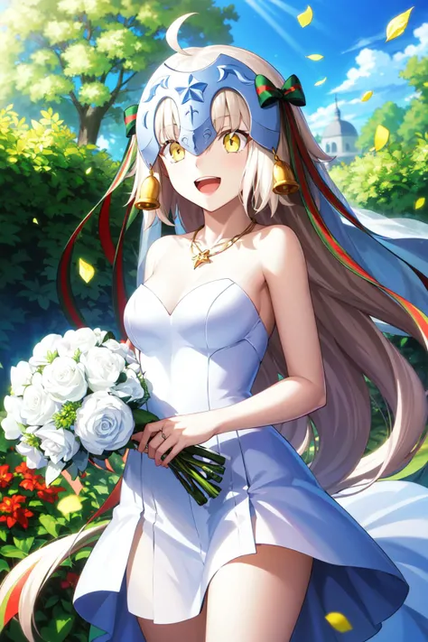 masterpiece, best quality, highres, aasl, long hair, ahoge, headpiece, hair ribbon, <lora:jeanne_darc_alter_santa_lily_(fate)_v1:0.7>, smile, open mouth, standing, cowboy shot, bridal veil, wedding dress, white dress, strapless, necklace, garden, confetti,...