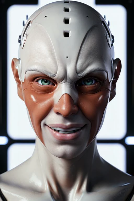 <lora:l_sin_se_sd_64_32:1> cyborg, plastic skin, white skin, black-eyes, cables, interfaces, (sadistic expression), mechanical, face, highly-detailed,