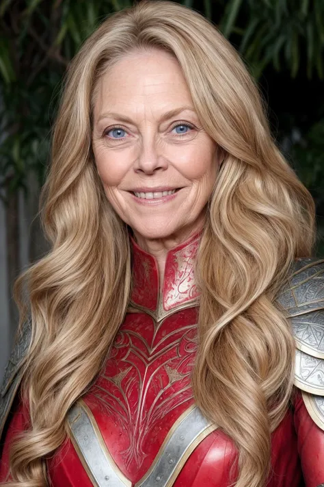 Elderly <EM_1> wearing engraved bloody armor, long blonde wavy hair