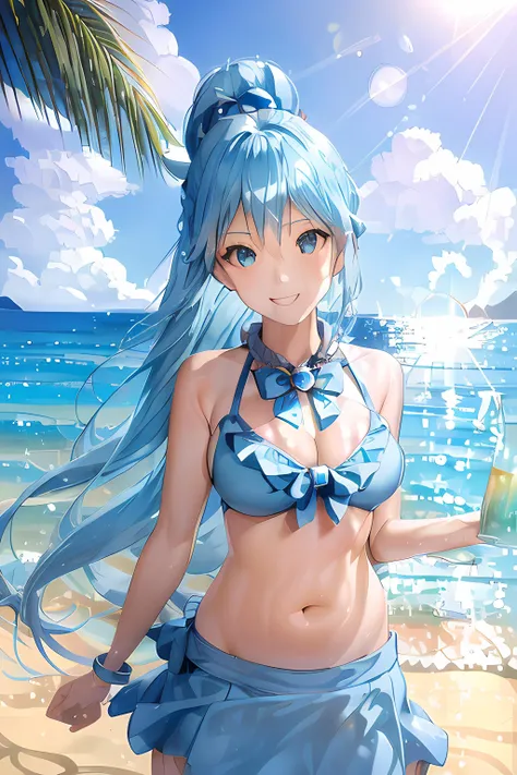 (masterpiece, highres, best quality, ultra detailed, outdoor, (beautiful detailed face, detailed eyes), aqua, hanging breasts, hair ornament, long hair, blue hairt, single hair ring, cleavage, breasts focus, downblouse, Aqua from konosuba, blue hair, long ...