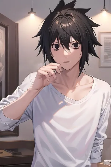 lawliet, <lora:lawliet manga-lora-nochekaiser:1>,
lawliet, male focus, spiked hair, (black eyes:1.5), black hair,
BREAK shirt, white shirt, collarbone, long sleeves, pants, denim,
BREAK indoors,
BREAK looking at viewer, (cowboy shot:1.5),
BREAK <lyco:GoodH...