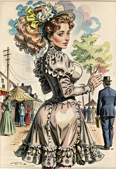 (at a night circus in 1895), vintage drawing <lora:warrentufts:1> warrentufts <lora:twisted_torso_v0.1:1> twisted torso, looking at viewer, looking back, StacyHiggins, detailed eyes and mouth, wearing a tight  dress  (big breasts:1.1), small waist, ass cra...