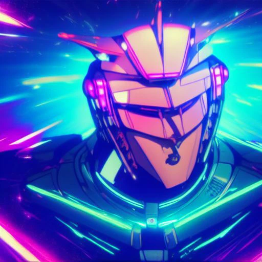 a close up of a robot in a futuristic suit with neon lights