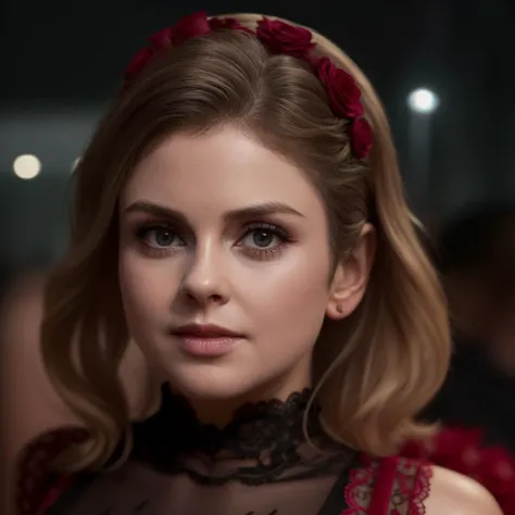 a woman with a red headband and a black dress