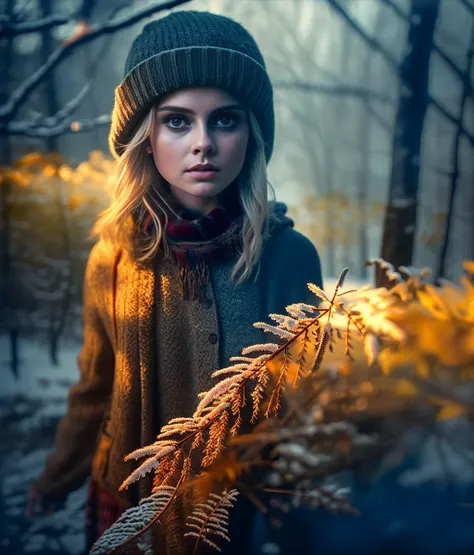 arafed image of a woman in a hat and coat holding a plant