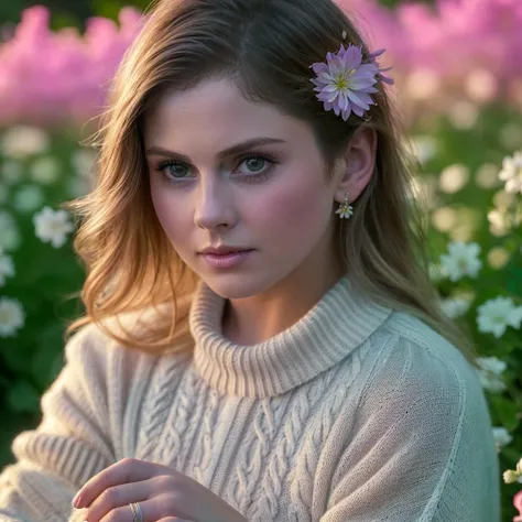 arafed woman in a sweater sitting in a field of flowers