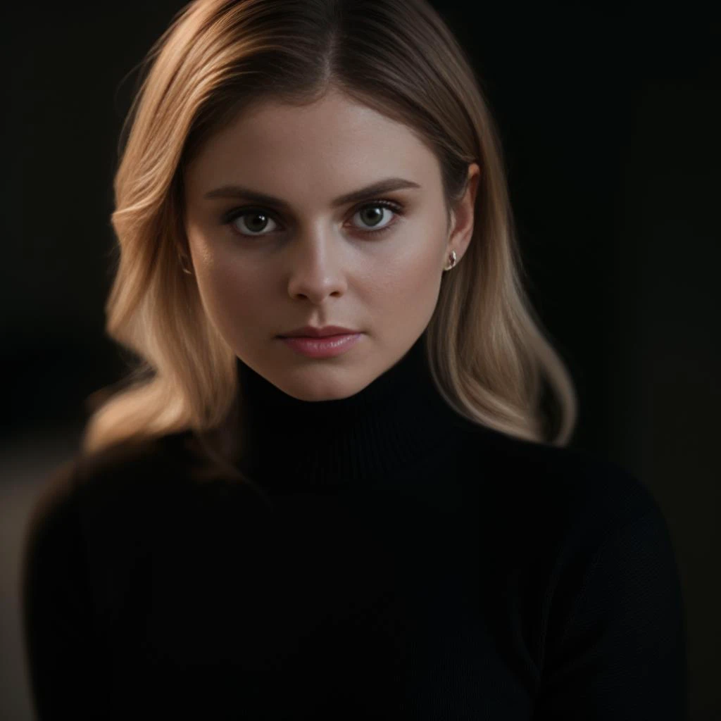 a woman in a black turtle neck top looking at the camera