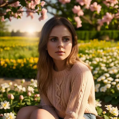 arafed woman sitting in a field of flowers with a pink sweater