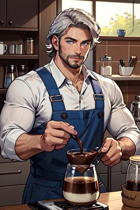 realistic, (best quality, masterpiece:1.3),  finely detailed eyes and detailed face, coffee machine, kitchen, solo mature male, tall muscular guy, silver hair, blue eyes, silver facial hair,