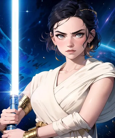 (artwork:1.2), (lineart:1.33), [Daisy Ridley:Koh_DaisyRidley:1.1], Rey Skywalker with pearlescent skin holding gold light saber in white robe outfit, gold energy lightsaber, attractive beautiful face, bright eyes, in space, serious glare, (hyperdefined), (...