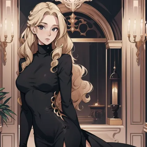 1girl, blond hair, tight black dress, luxury mansion, curly hair, turtleneck,  <lora:Style_boldline:0.5>, (masterpiece), (best quality:1.25),