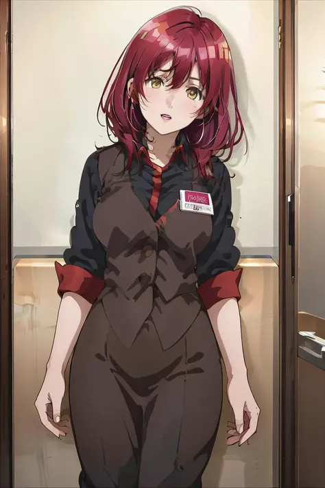 anime girl with red hair standing in front of a door