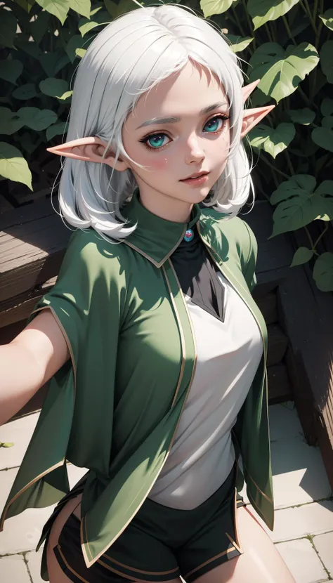 Ultra-realistic 8k CG,masterpiece,best quality, looking at viewer, (photorealistic:1.4),(extremely detailed face),perfect skin,
<lora:sylphiette:0.8>,
sylm, 1girl, solo,
pointy ears, elf, white hair,green cape,black shorts, cosplay, (smile:0.4),