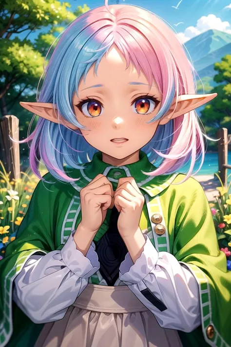 anime girl with blue hair and pink eyes in a green dress