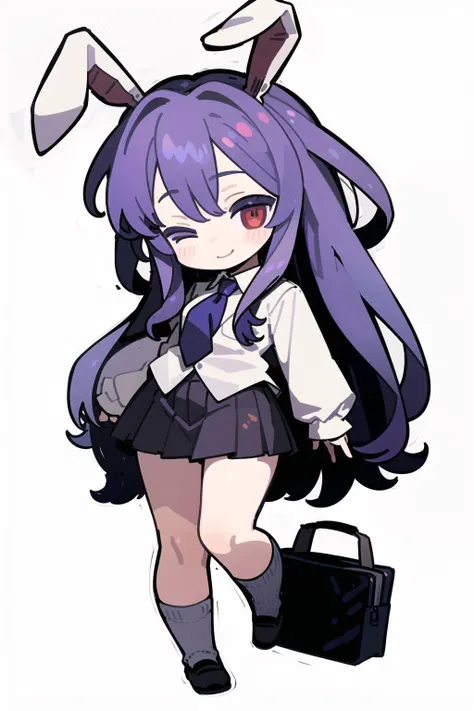 1girl,reisen udongein inaba,touhou, full body, closed mouth, light smile, round pupils,one eye closed,,miniskirt, simple background,arms behind back,(chibi:1),outline,  <lora:normal chibi:0.7>