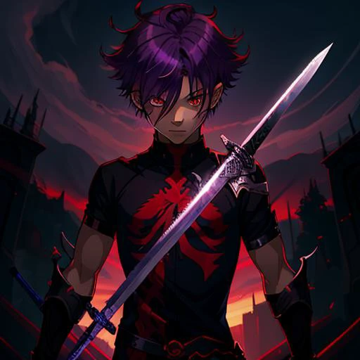 nalito,1boy,red eyes,best quality,purple_hair,lighting,sword,holding_weapon