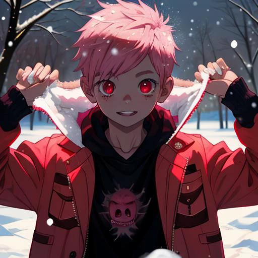 nalito,1boy,looking_at_viewer,red eyes,best quality,pink_hair,snowing,burning,pumpkin,sharp_teeth