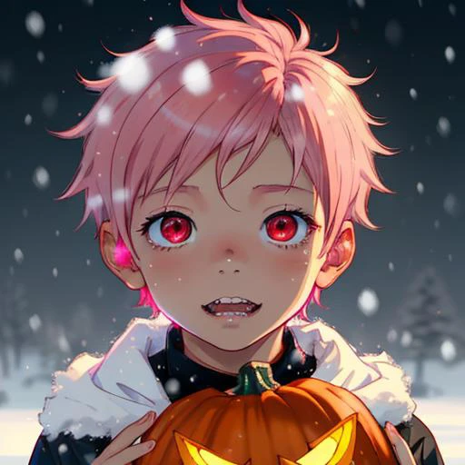 nalito,1boy,looking_at_viewer,red eyes,best quality,pink_hair,snowing,burning,pumpkin,sharp_teeth