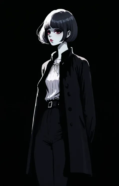 a woman in a black coat and white shirt standing in the dark