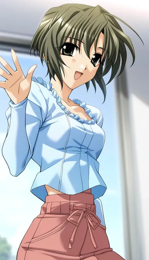 1girl,Kurosu Kanata,blue blouse,pocket on the skirt,pink skirt,frills,waving,;d,masterpiece,solo,best quality,game cg,(depth of field:0.6),(detailed beautiful eyes:1.2),(beautiful face:1.2),<lora:KurosuKanataXL:1>,