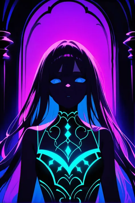 a woman with long hair and glowing eyes stands in front of a purple and blue background