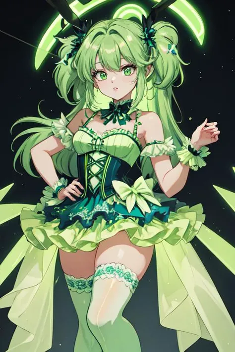 a close up of a person in a costume with a green dress