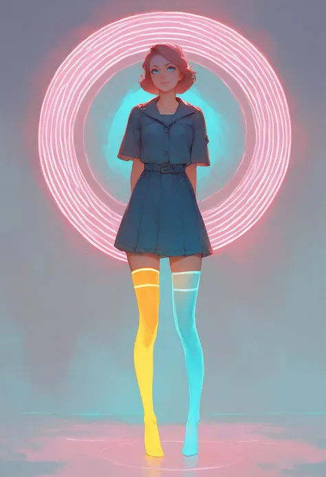 a woman in a short dress and stockings standing in front of a neon circle