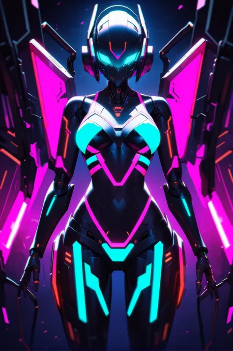 a woman in a futuristic suit with neon lights and guns