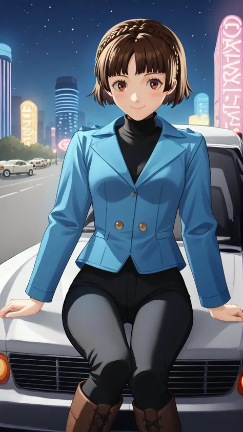 smile, light blush, <lora:lukethighwalkerneonv9:1> glowing-neon-colour-clothing, blue, <lora:MakotoP5-pdxl:0.8> winMako, short hair, crown braid, blue jacket, black turtleneck, long sleeves, black pants, brown knee boots, rv, car, night, cityscape, parking...