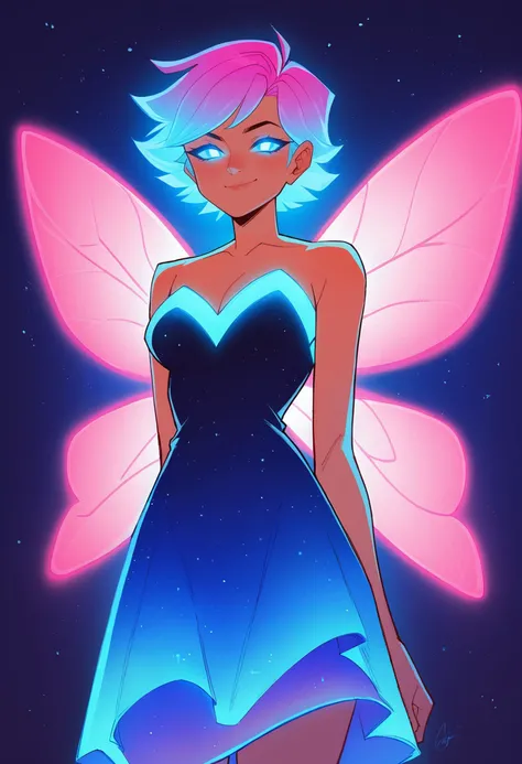 score_9_up, score_8_up, score_7_up, source_cartoon, night sky, pixie, glowing-neon-butterfly-wings, ((glowing-neon-dress)), glowing-neon-hair, 1girl, glowing-eyes, devious smile, <lora:lukethighwalkerneonponyv7:0.6>