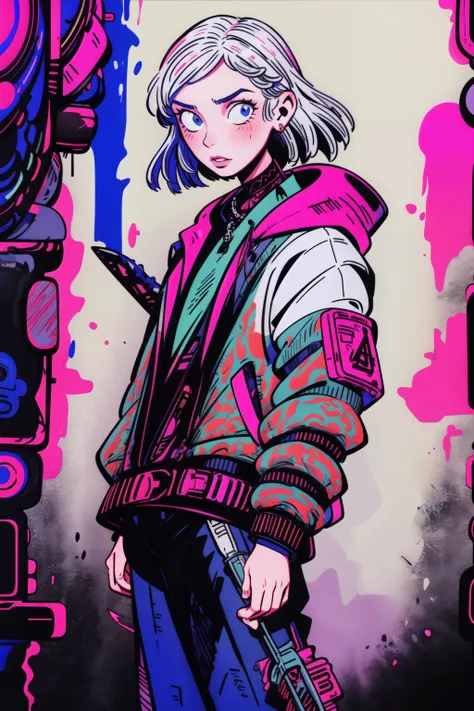 <lora:Keith_Haring:1>, (cyberpunk), (1girl :1.0), A cyberpunk-inspired portrayal of a girl, insane details, intricate details, hyperdetailed <lora:add_detail:1> <lora:TimBurton_Animation_offset:0.8>