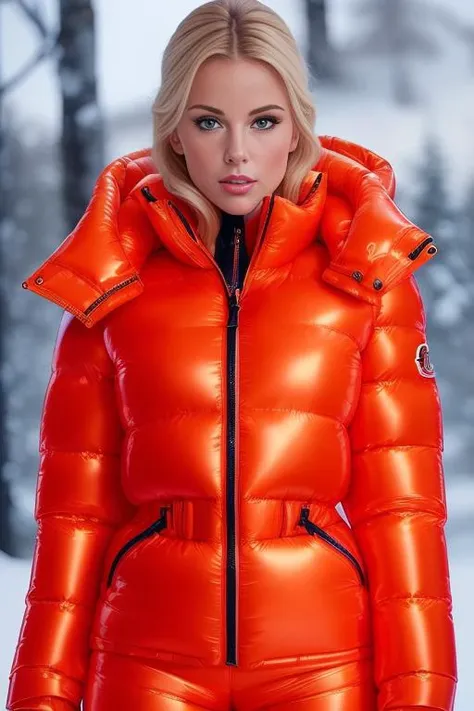 a woman in an orange shiny jacket and pants in the snow