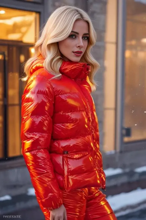 A stunning portrait of a young European woman with blonde hair, radiating elegance and beauty. She is dressed in a fashionable, colorful, shiny and glossy puffer down outfit. Yoked. The lighting is soft, highlighting her features and emphasizing the glossy...