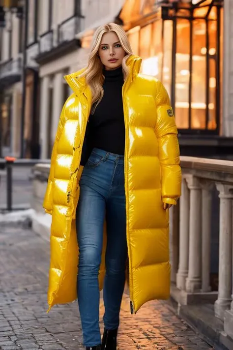 A stunning portrait of a young European woman with blonde hair, radiating elegance and beauty. She is dressed in a fashionable, colorful, shiny and glossy puffer downjacket. Yoked. The lighting is soft, highlighting her features and emphasizing the glossy ...