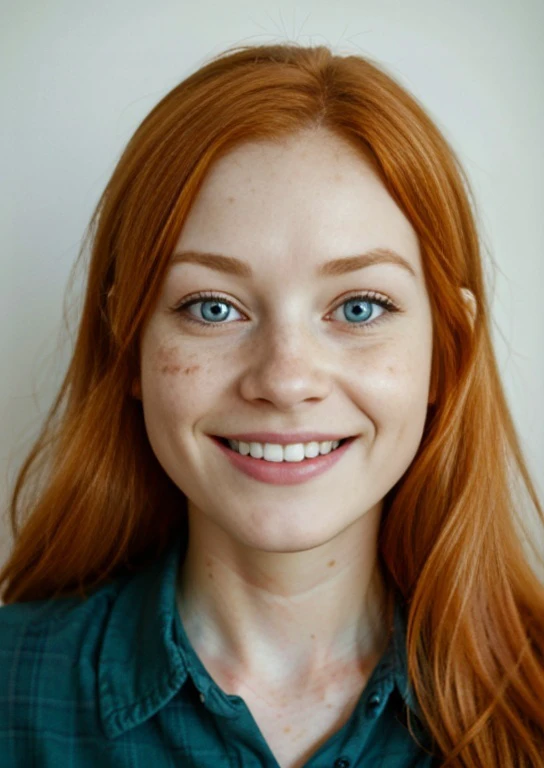 a close up of a woman with red hair and a green shirt