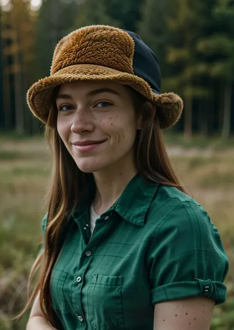 arafed woman in a green shirt and hat standing in a field